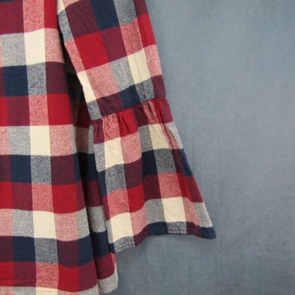 Hatch Maternity Red Navy Plaid Flannel Top Size M 2 Bell 3/4 Sleeves Back Button - Picture 4 of 10